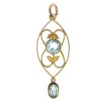 An Edwardian 9ct gold aquamarine foliate openwork pendant.