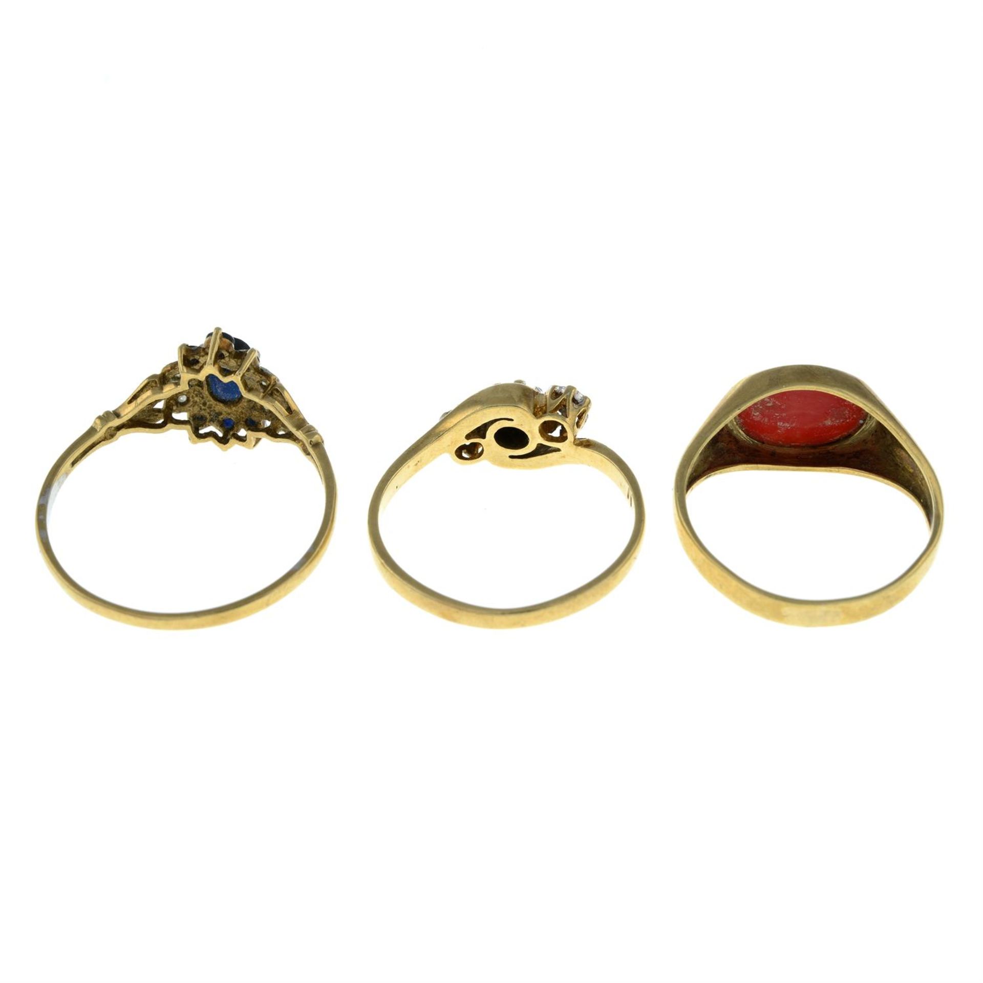 Two 9ct gold sapphire and diamond rings, together with a coral signet ring. - Image 2 of 2