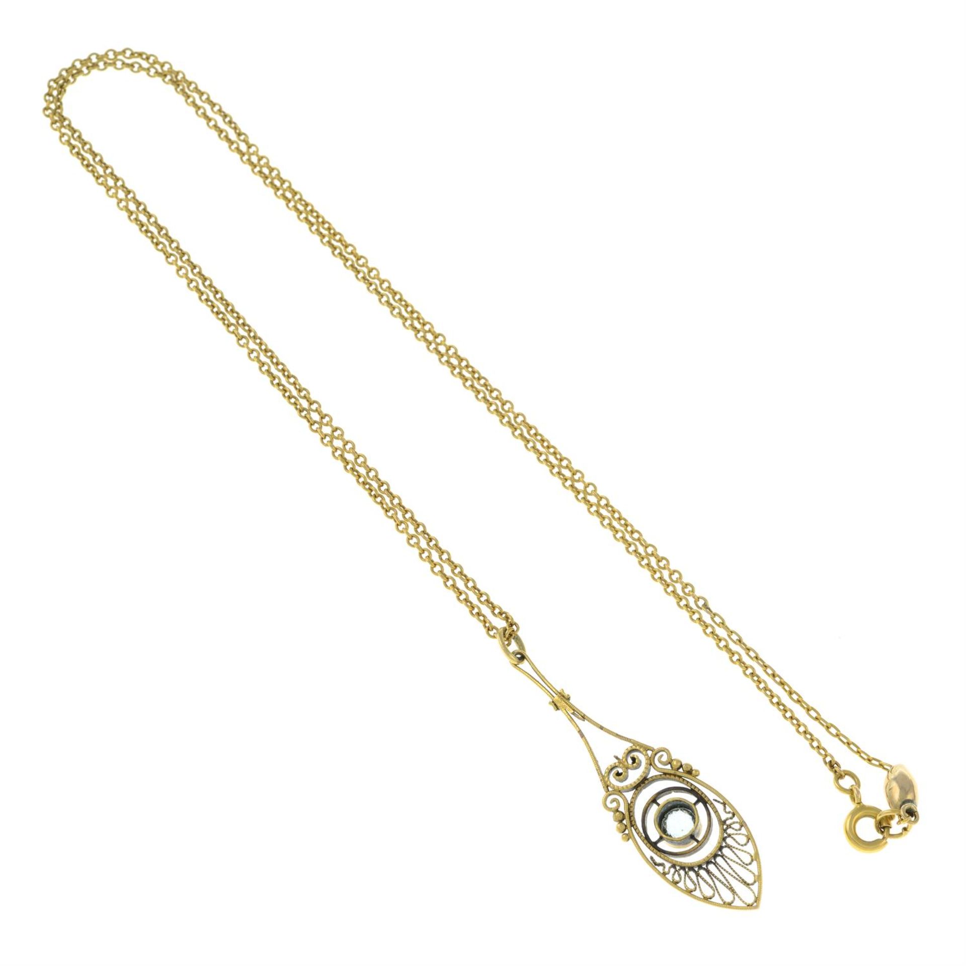 A 19th century gold aquamarine cannetille pendant, with chain. - Image 2 of 2