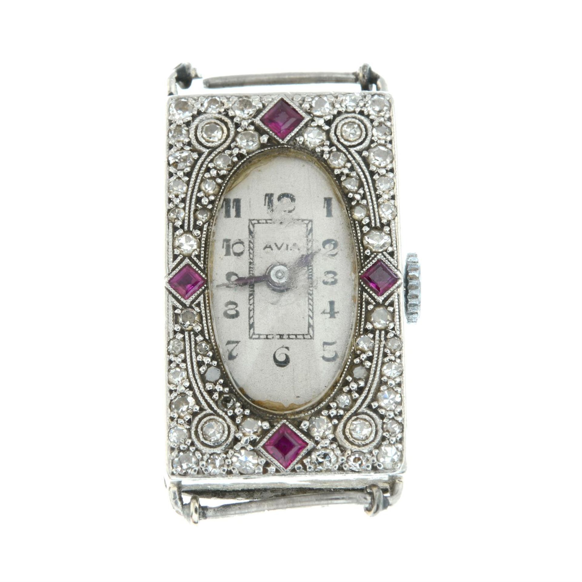An Art Deco platinum, synthetic ruby and diamond cocktail watch head. - Image 2 of 4