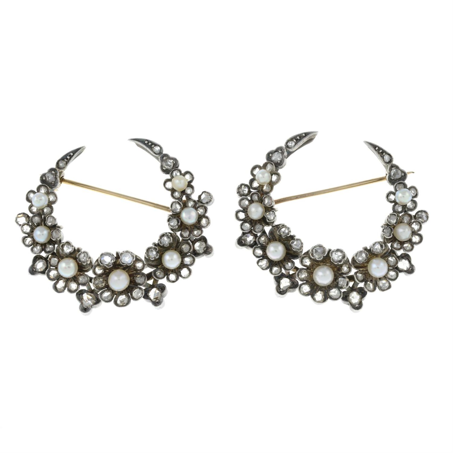 A pair of late Victorian silver and gold seed pearl and rose-cut diamond floral crescent moon
