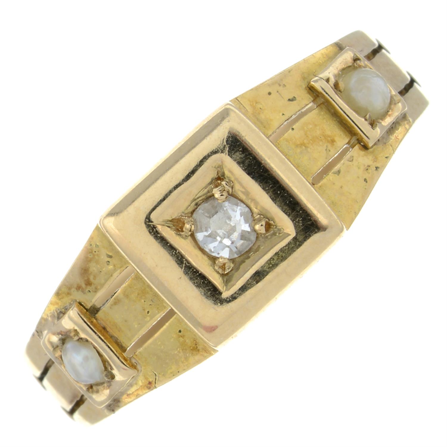 A mid 20th century 9ct gold old-cut diamond and split pearl band ring.