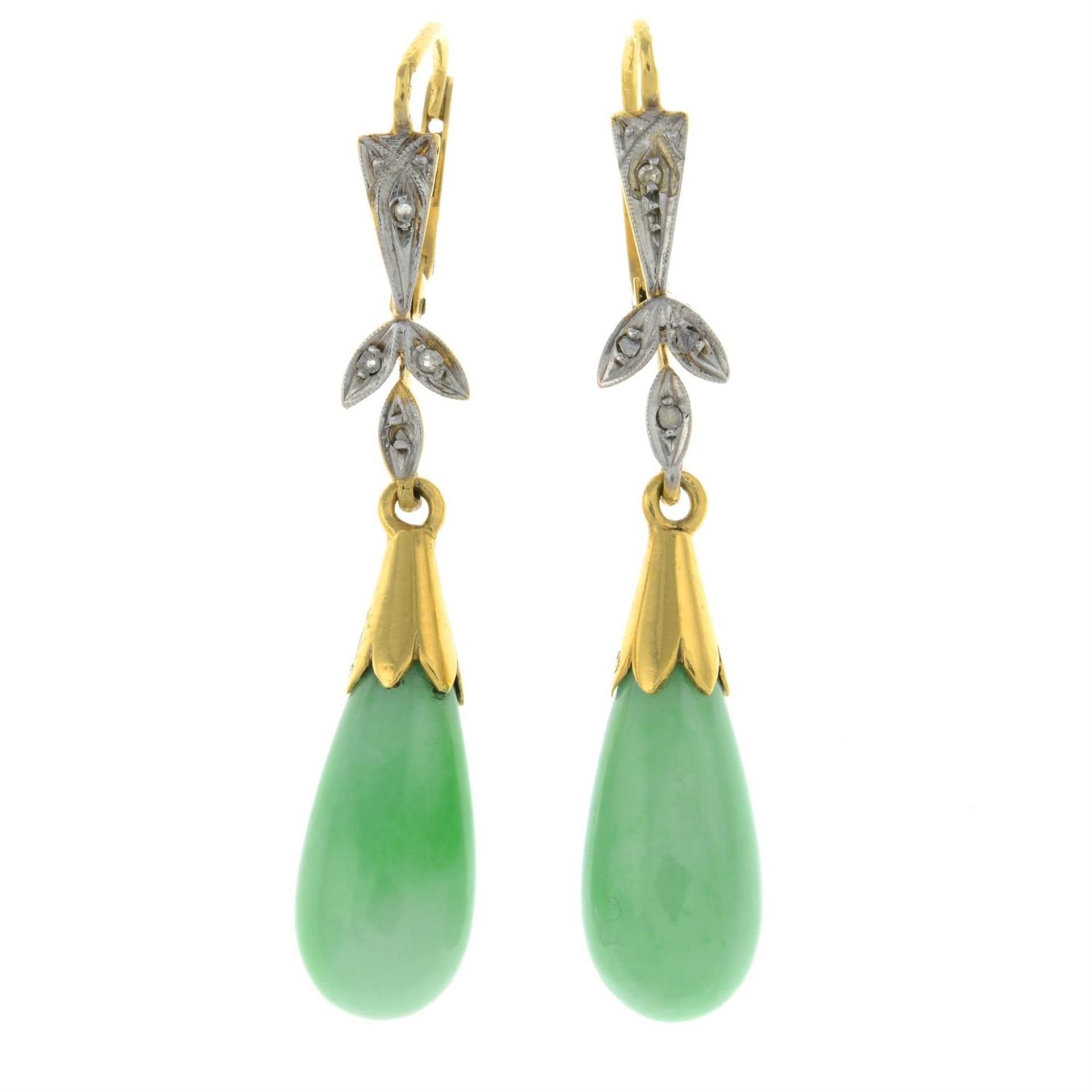 A pair of early 20th century gold jade and rose-cut diamond drop earrings.