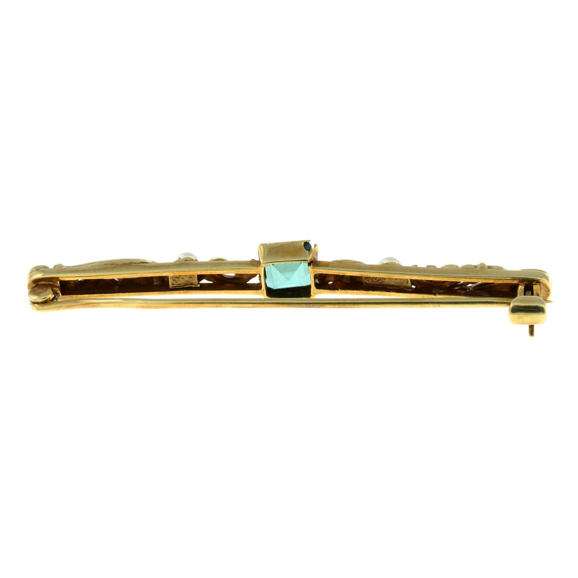 An early 20th century 14ct gold tourmaline and split pearl bar brooch. - Image 2 of 2