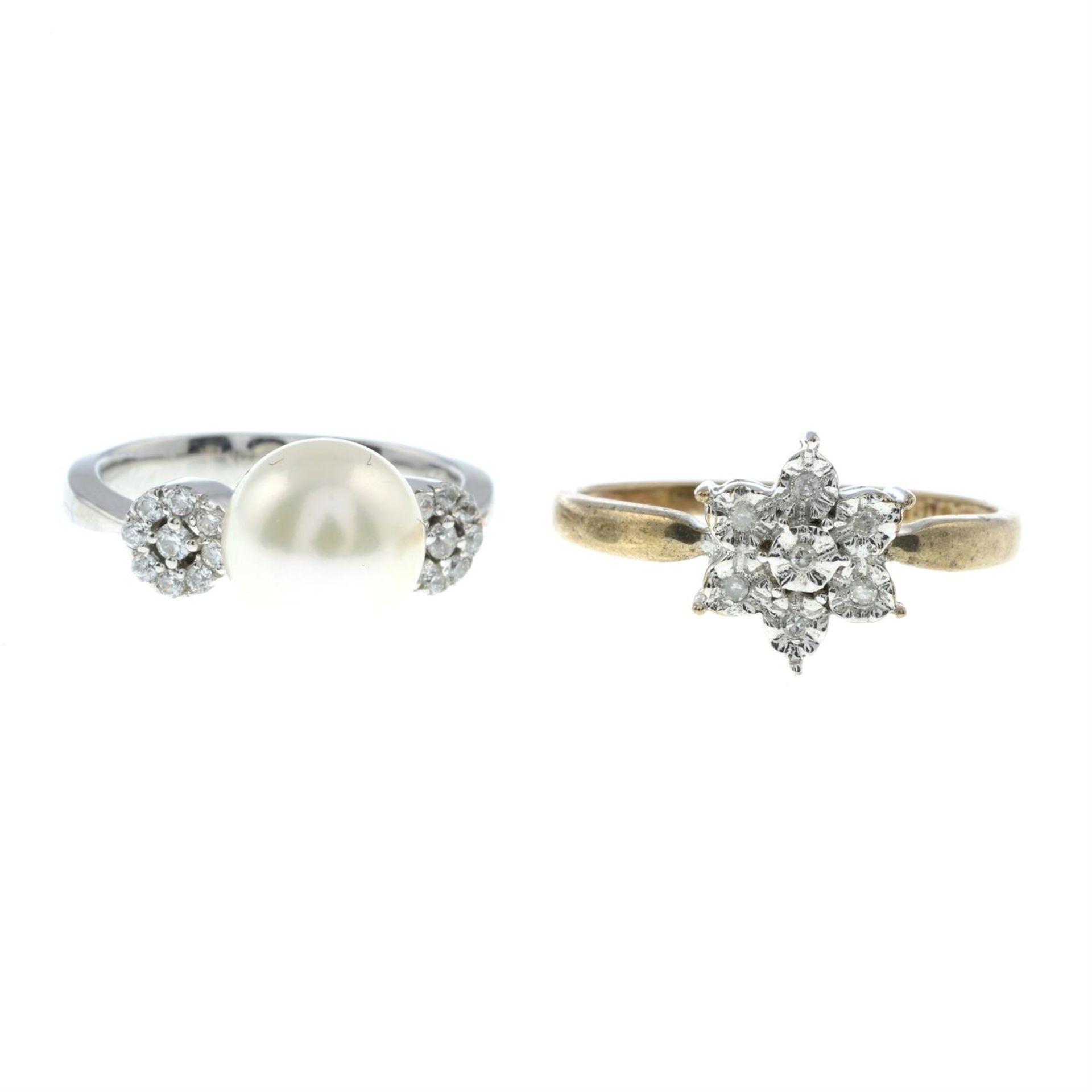 A single-cut diamond floral cluster ring, together with a cubic zirconia and cultured pearl dress