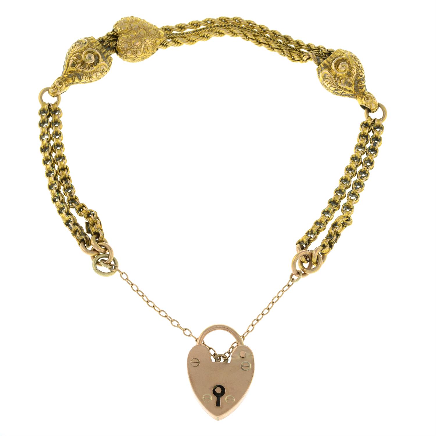 A late Victorian gold Albertina bracelet, with heart-shaped padlock clasp of similar age.