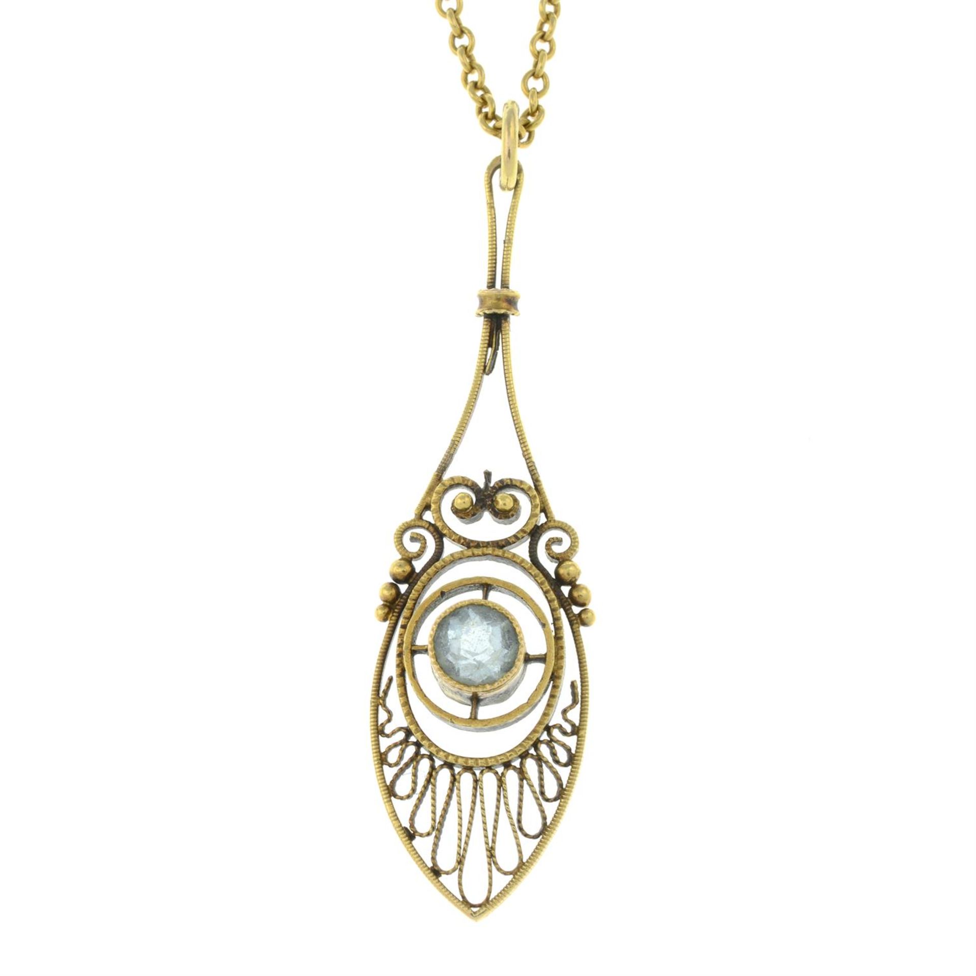 A 19th century gold aquamarine cannetille pendant, with chain.