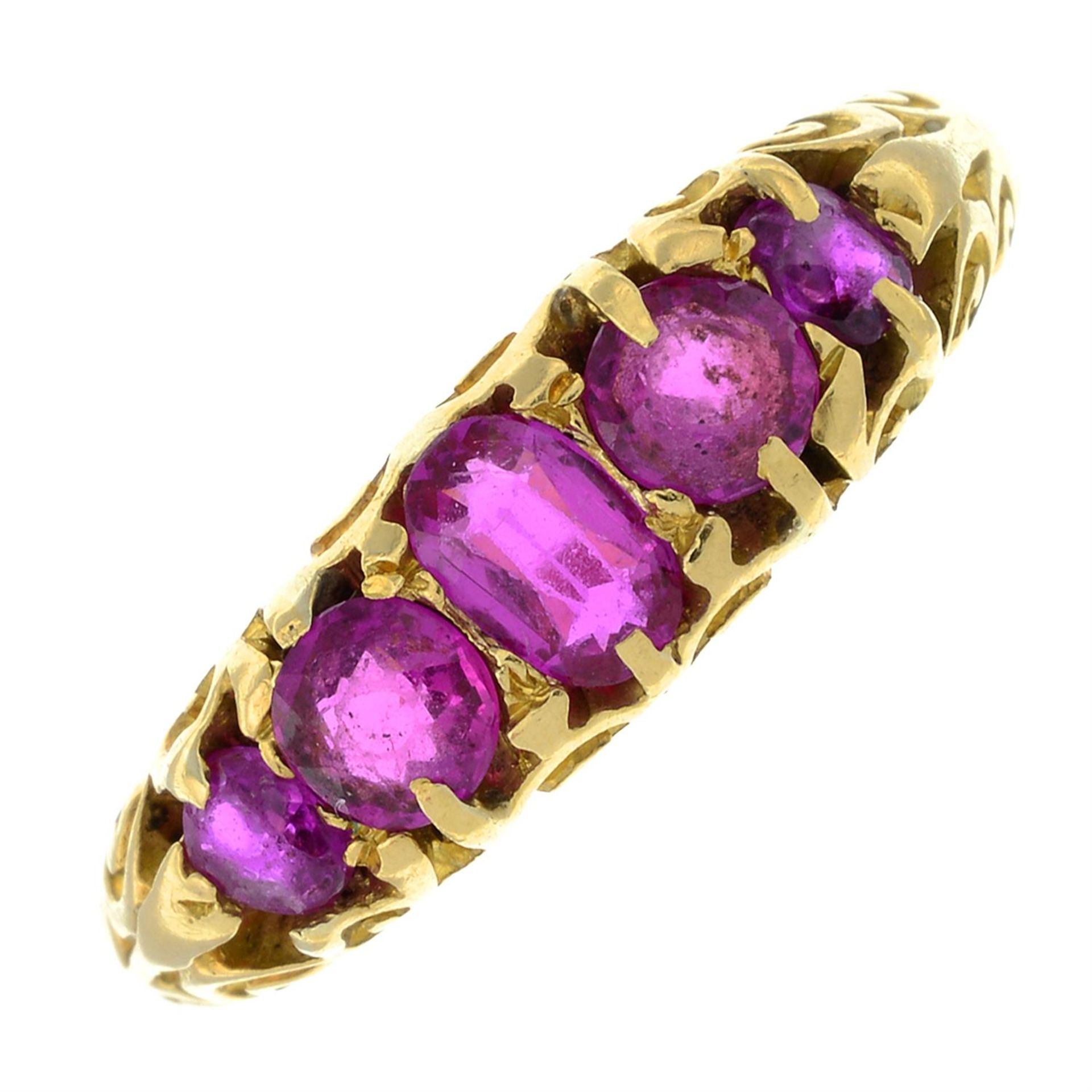 An Edwardian gold ruby five-stone ring.