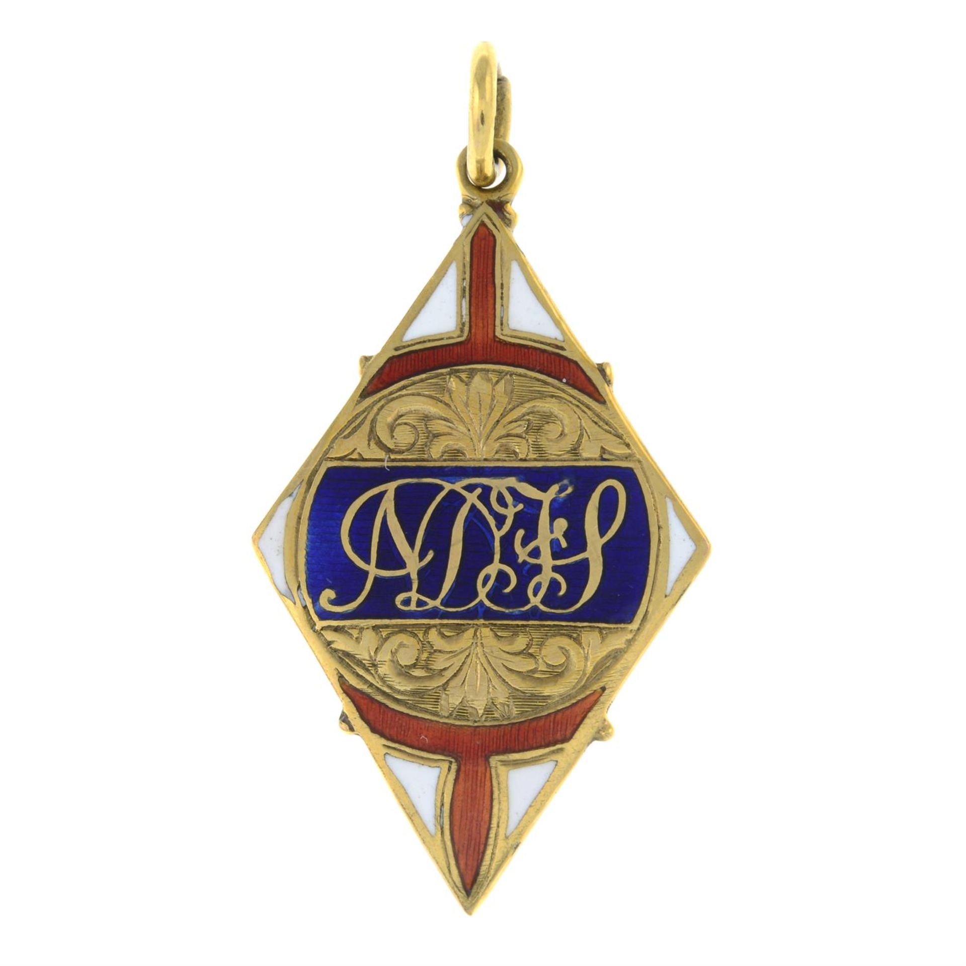 A 1930s 9ct gold enamel medallion fob.