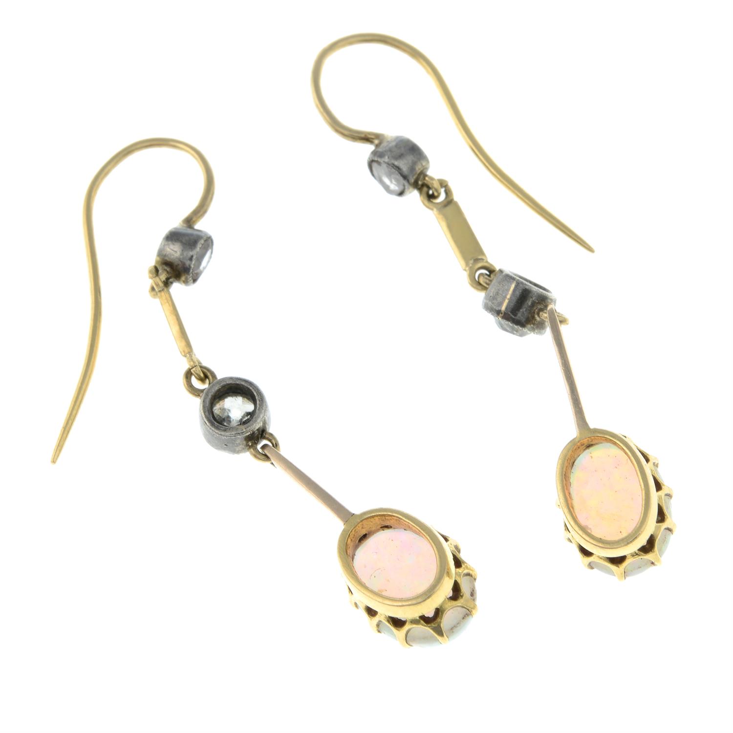 A pair of late Victorian silver and gold opal and vari-cut diamond drop earrings. - Image 2 of 2