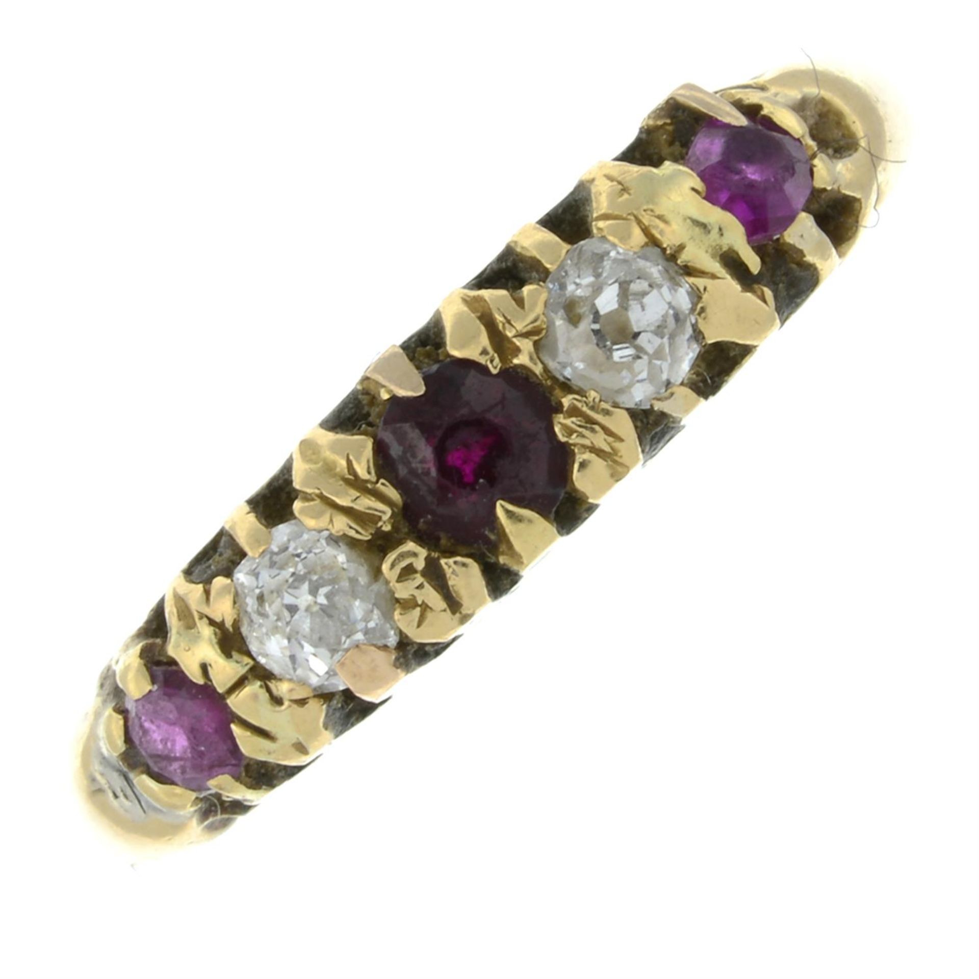 An early 20th century 18ct gold synthetic ruby and old-cut diamond five-stone ring.