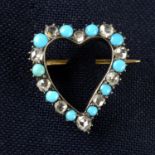A late Victorian silver and gold turquoise and rose-cut diamond witches heart brooch.