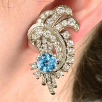 A pair of mid 20th century 18ct gold blue topaz and vari-cut diamond earrings.