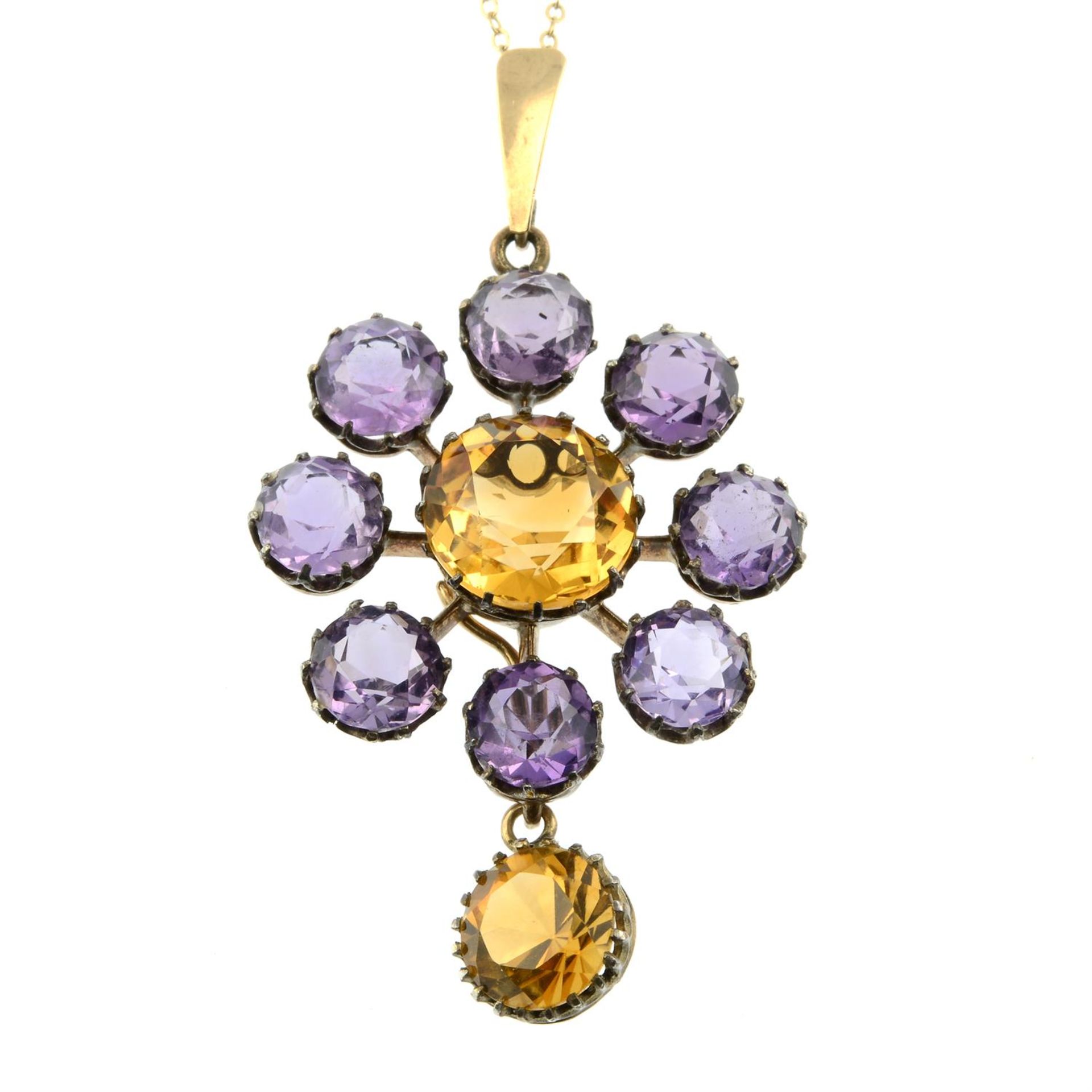 A late 19th century citrine and amethyst cluster pendant, with later surmount and trace-link chain. - Image 2 of 5