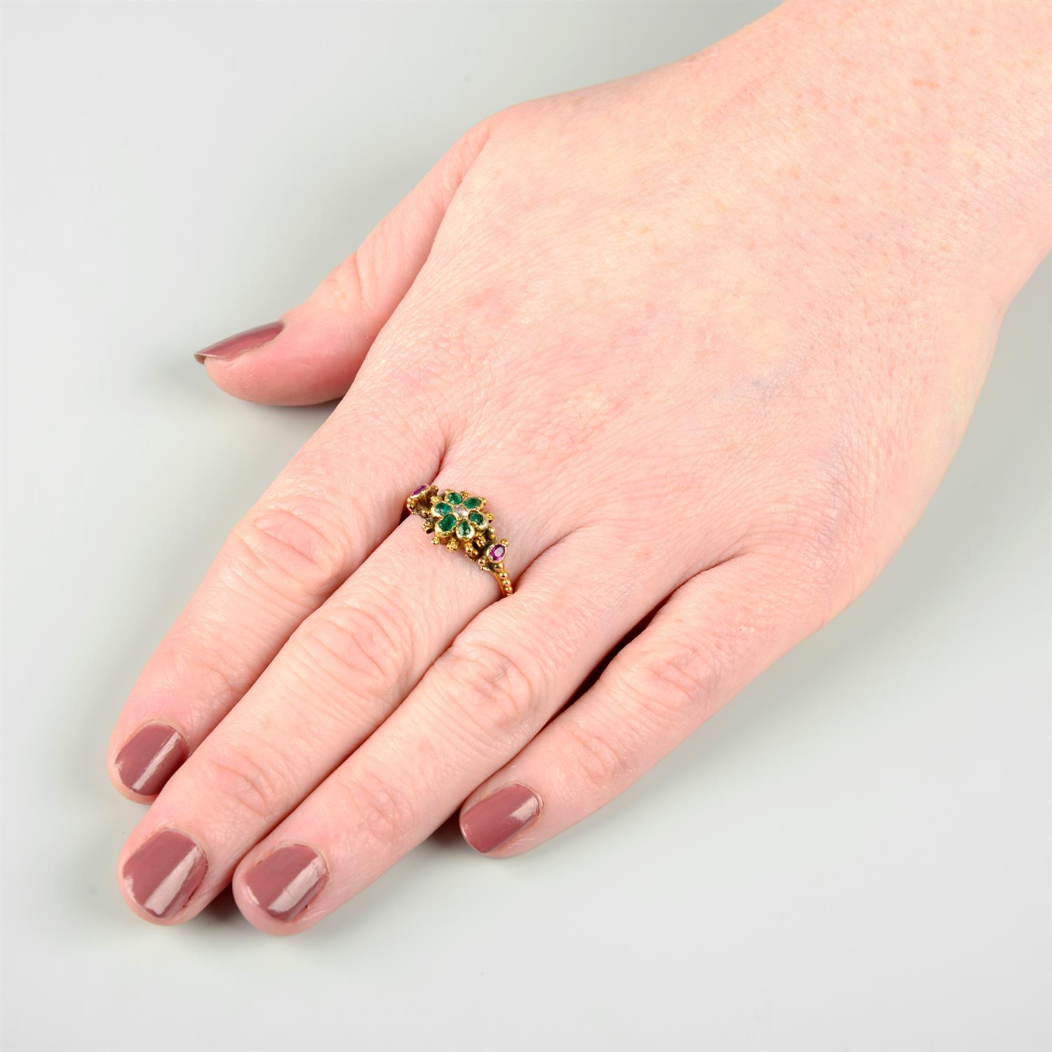 A mid Victorian gold emerald, ruby and rose-cut diamond floral ring. - Image 5 of 5