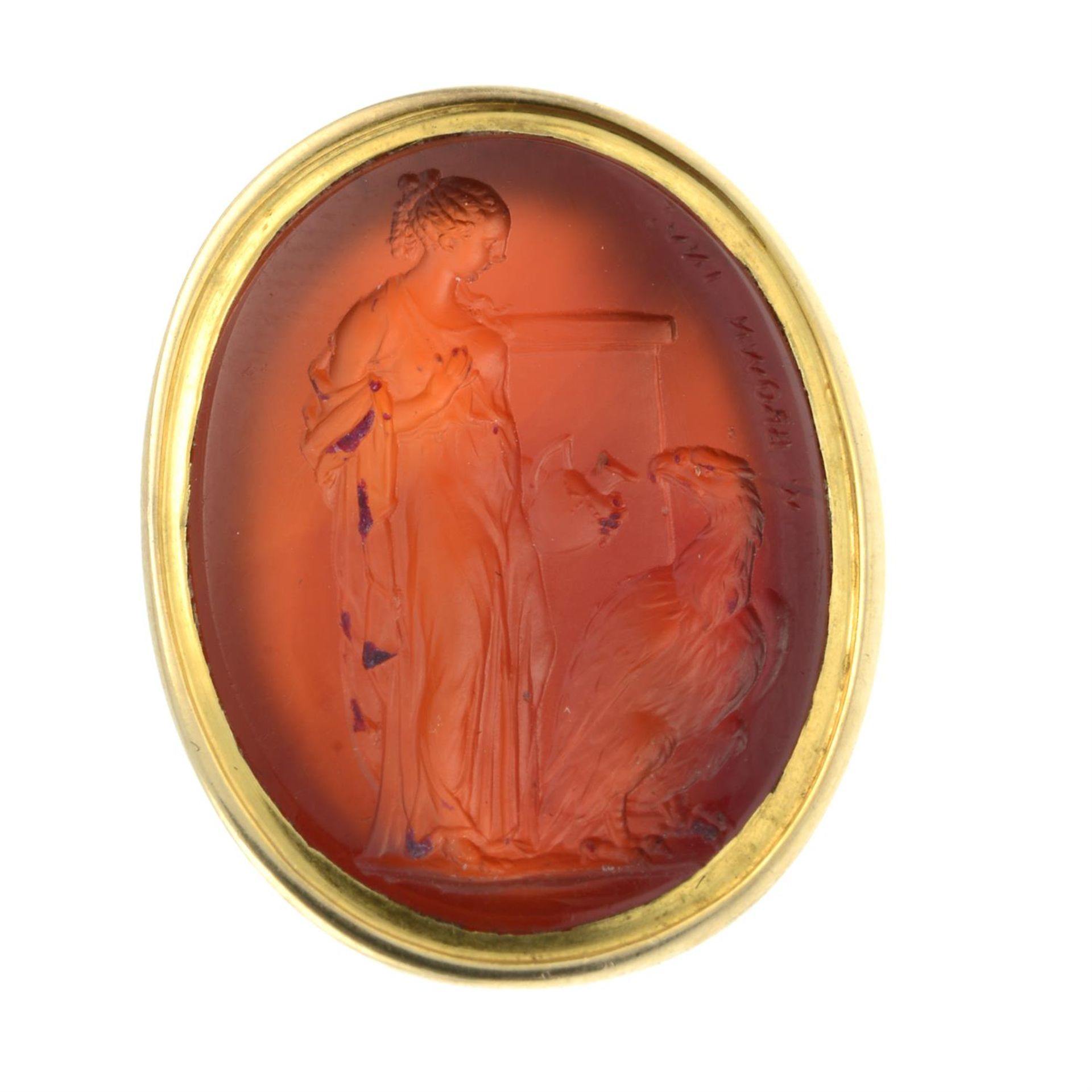 A late Georgian gold carnelian intaglio of Hebe feeding Zeus as an eagle, by William Brown. - Image 4 of 4