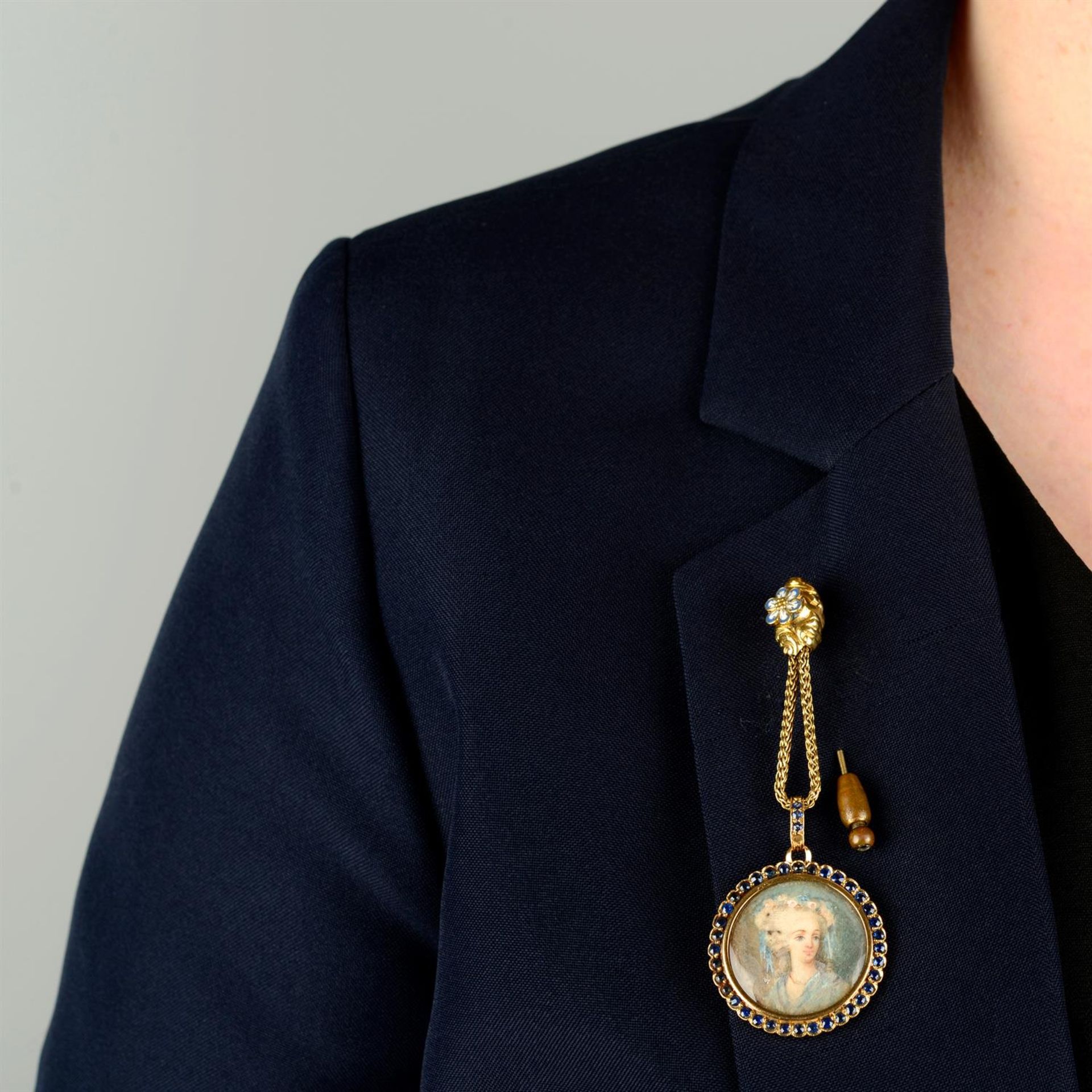 A late 19th century silver and 18ct gold sapphire mounted glazed locket, with painting depicting a - Image 4 of 4