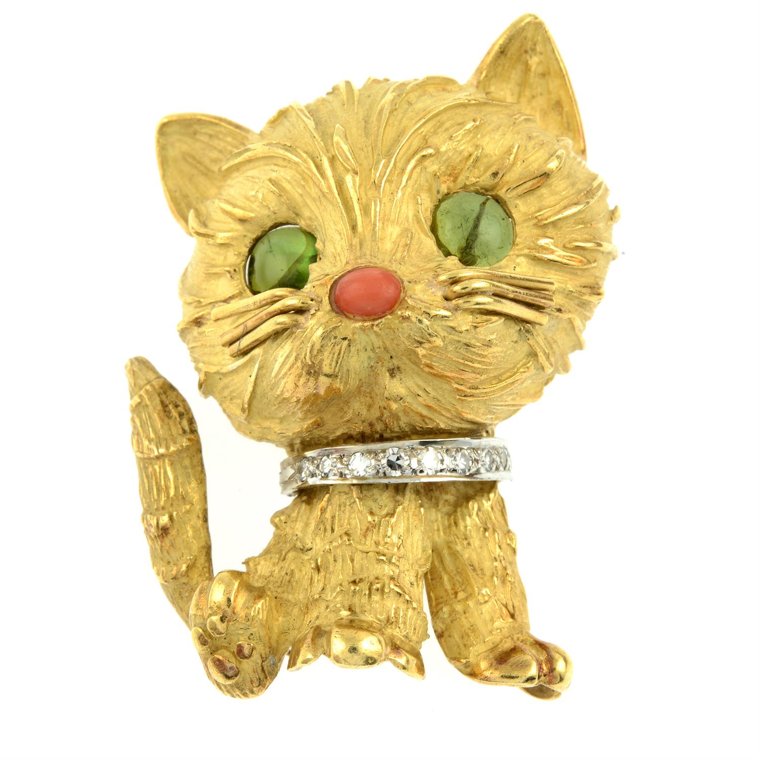 A mid 20th century 18ct gold cat brooch, with tourmaline eyes, coral nose and diamond collar, - Image 2 of 5