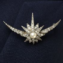 A late Victorian silver and gold pearl and diamond Northern star and crescent moon brooch.