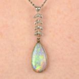 An early 20th century platinum and gold opal and old-cut diamond foliate pendant,