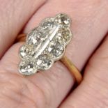 A late Victorian 18ct gold old-cut diamond scalloped marquise-shape ring.