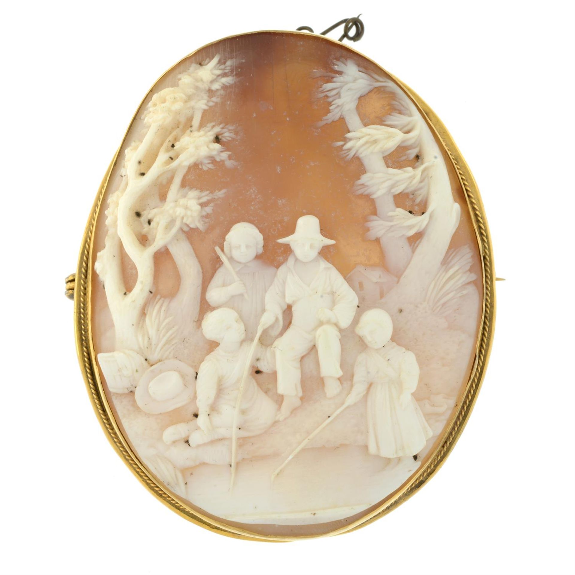A late Victorian 9ct gold mounted shell cameo brooch, carved to depict a family fishing at a river - Image 2 of 4