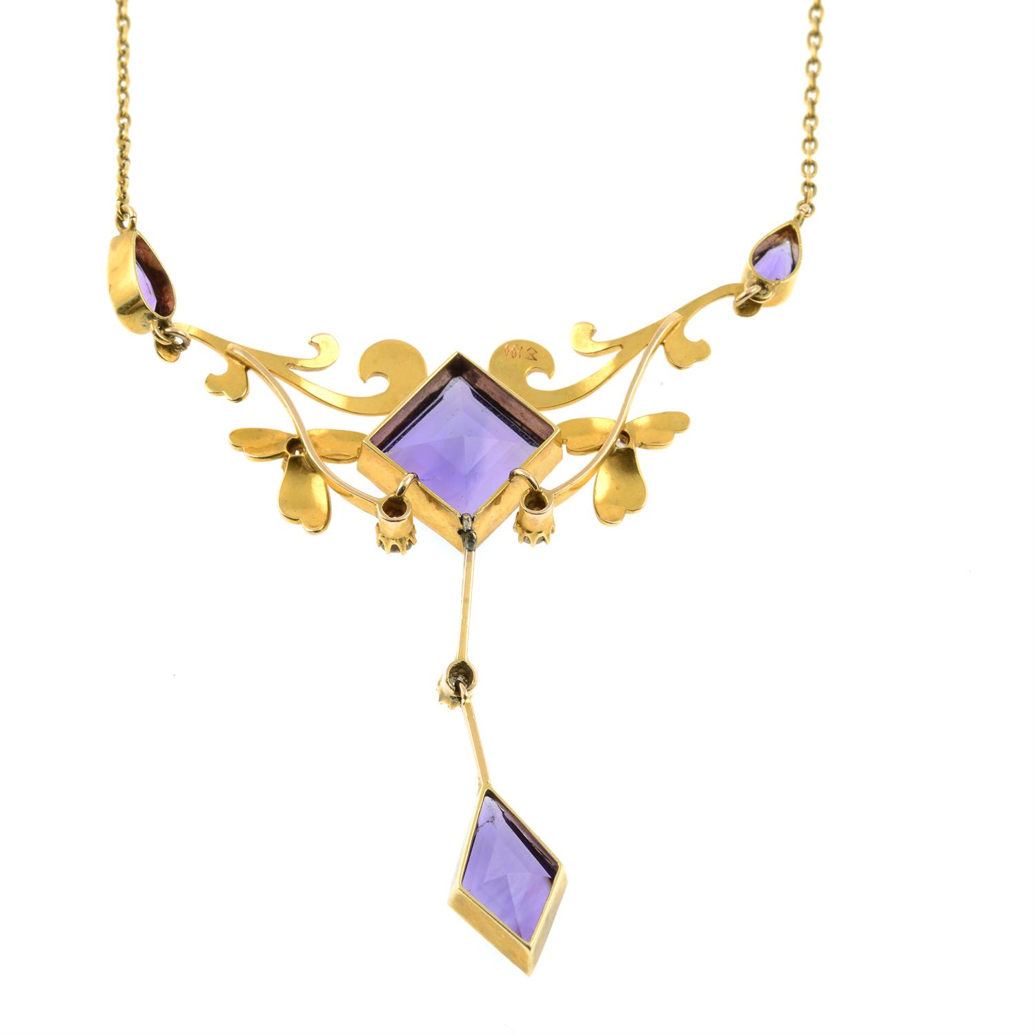 An early 20th century 15ct gold amethyst and old-cut diamond foliate drop pendant, - Image 3 of 5