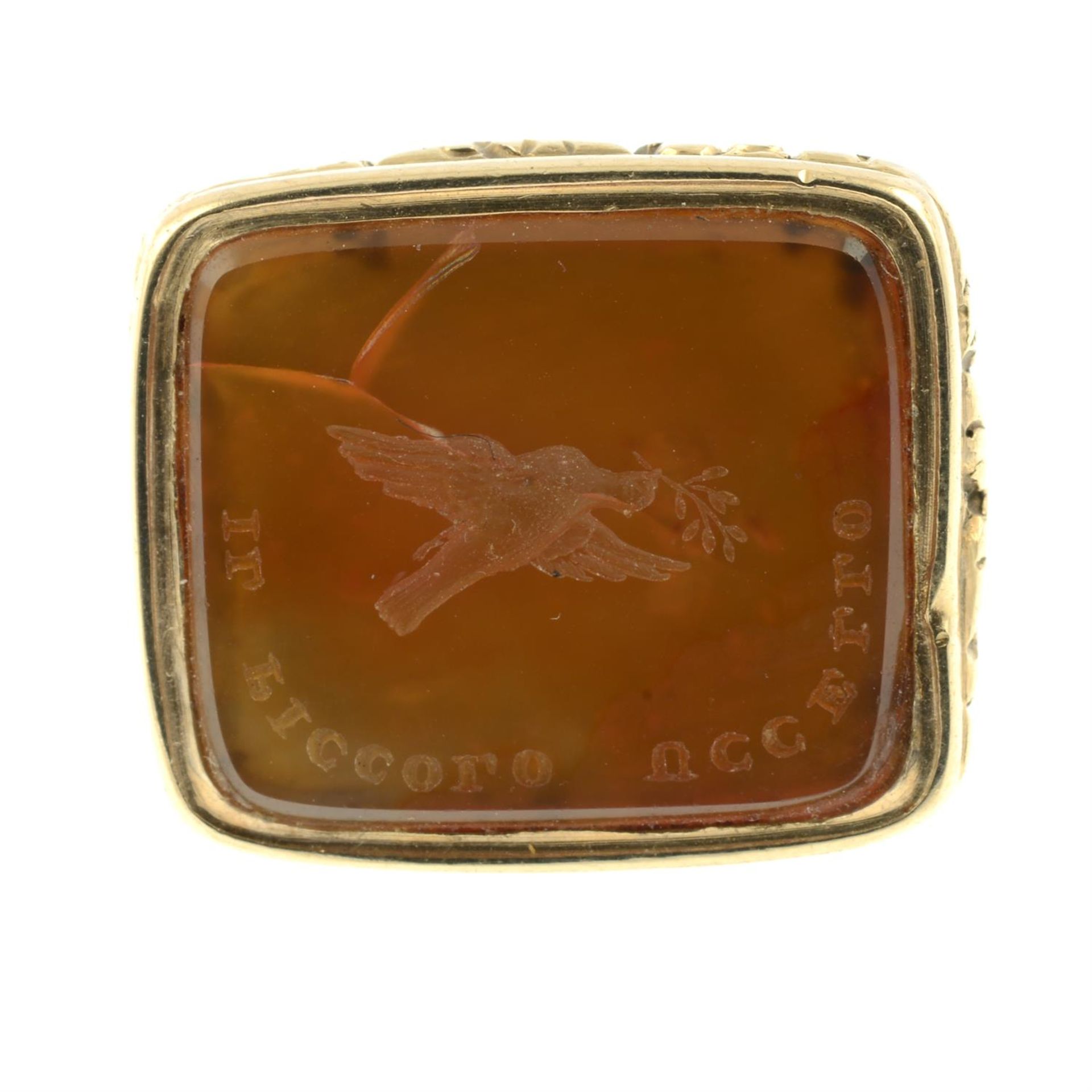 A 19th century gold agate 'a little bird told me' fob seal, engraved with a dove holding an olive - Image 3 of 4