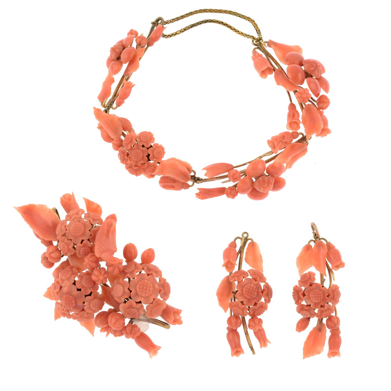 An early to mid 19th century gold mounted carved coral demi parure, consisting of bracelet, - Image 2 of 4