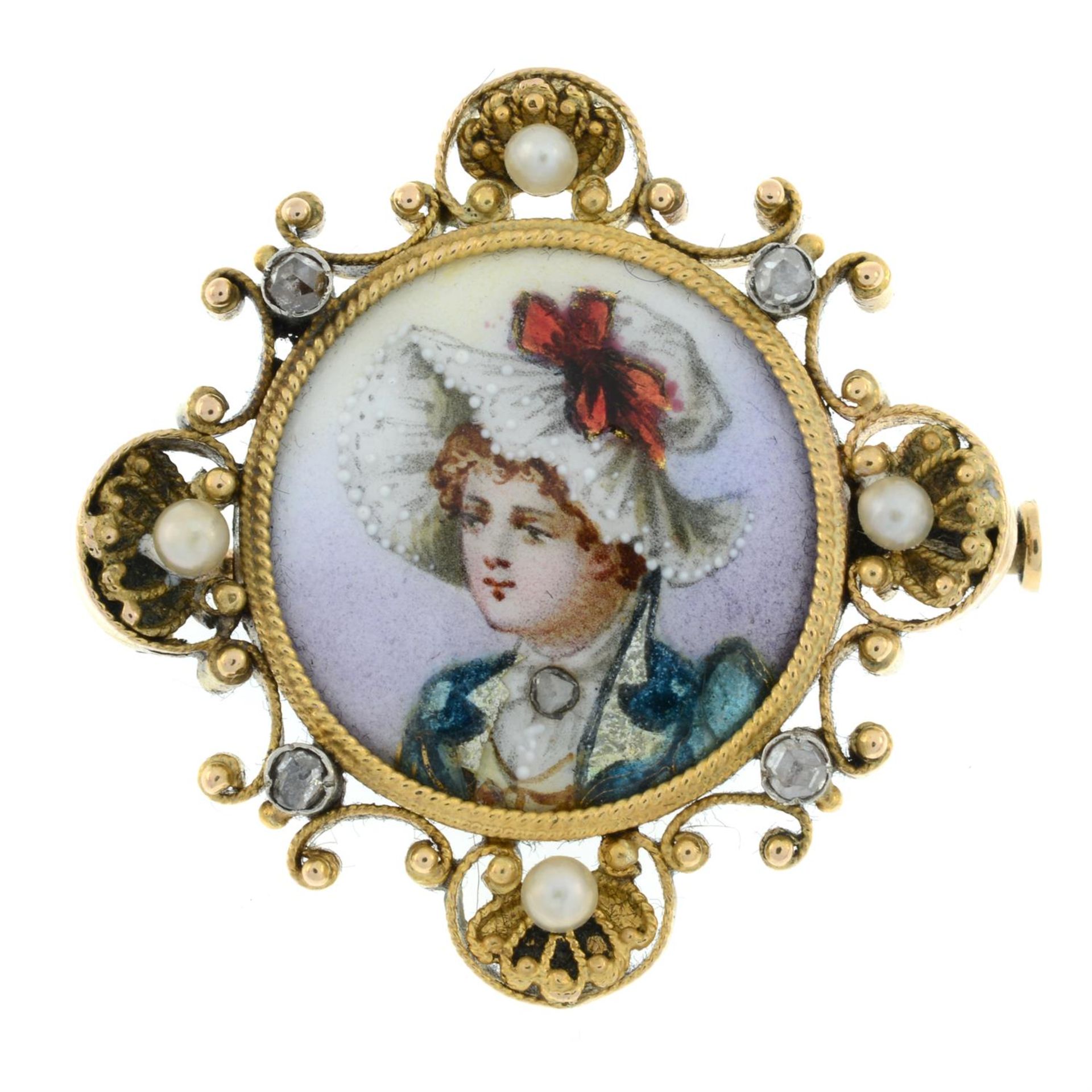 An early 20th century gold mounted enamel brooch depicting a woman, to a shell and scroll - Image 2 of 4