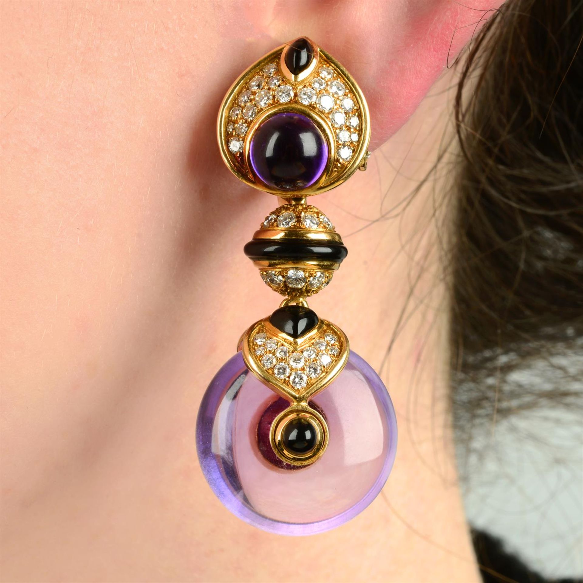 A pair of amethyst, onyx and pavé-set diamond earrings, by Marina B.