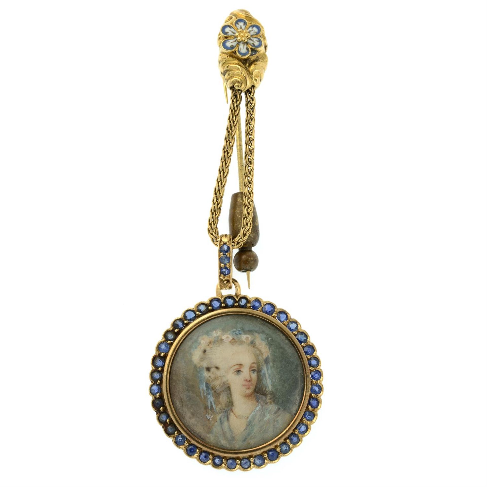 A late 19th century silver and 18ct gold sapphire mounted glazed locket, with painting depicting a - Image 2 of 4