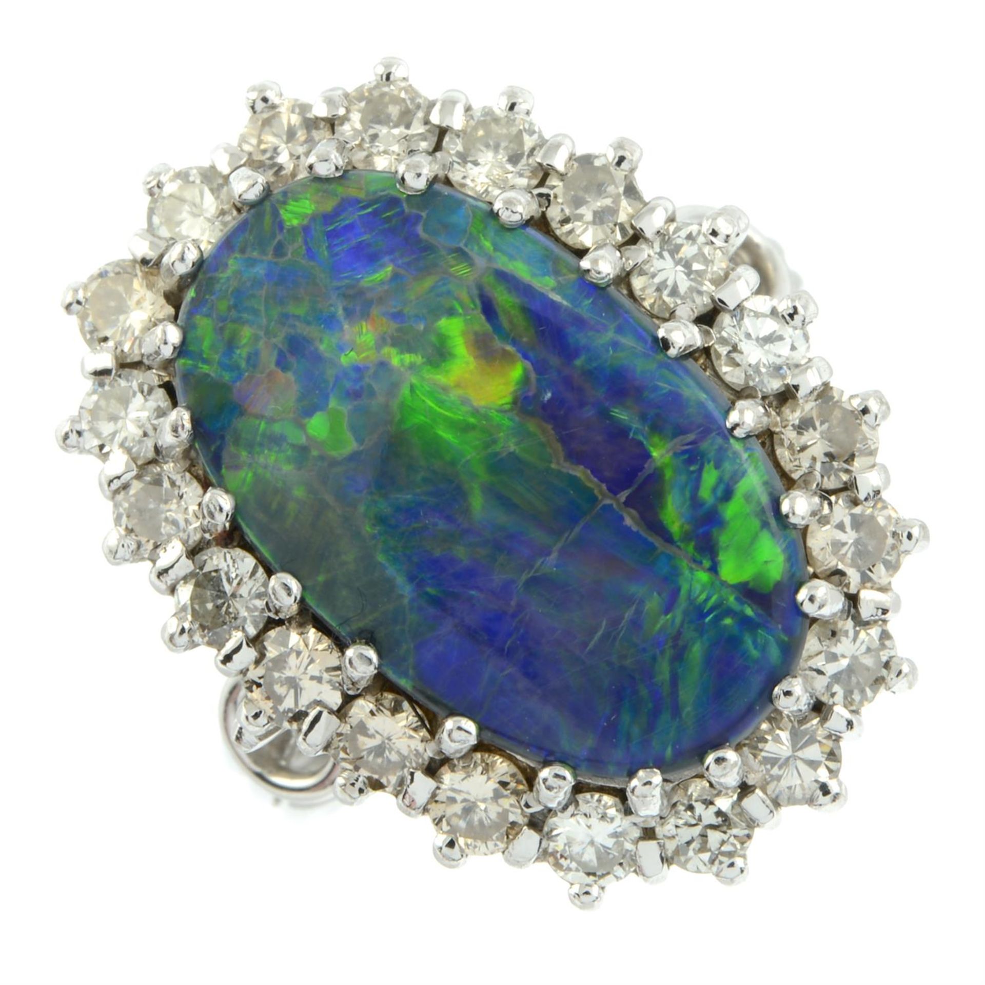 A mid 20th century platinum and 18ct gold black opal and brilliant-cut diamond cluster ring. - Image 2 of 5