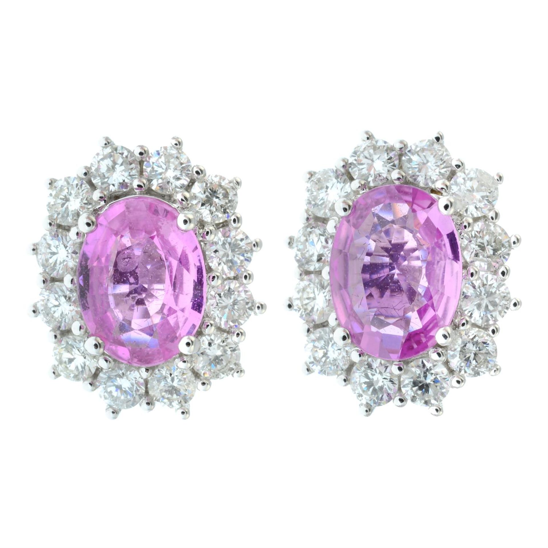 A pair of 18ct gold pink sapphire and diamond cluster earrings. - Image 2 of 4