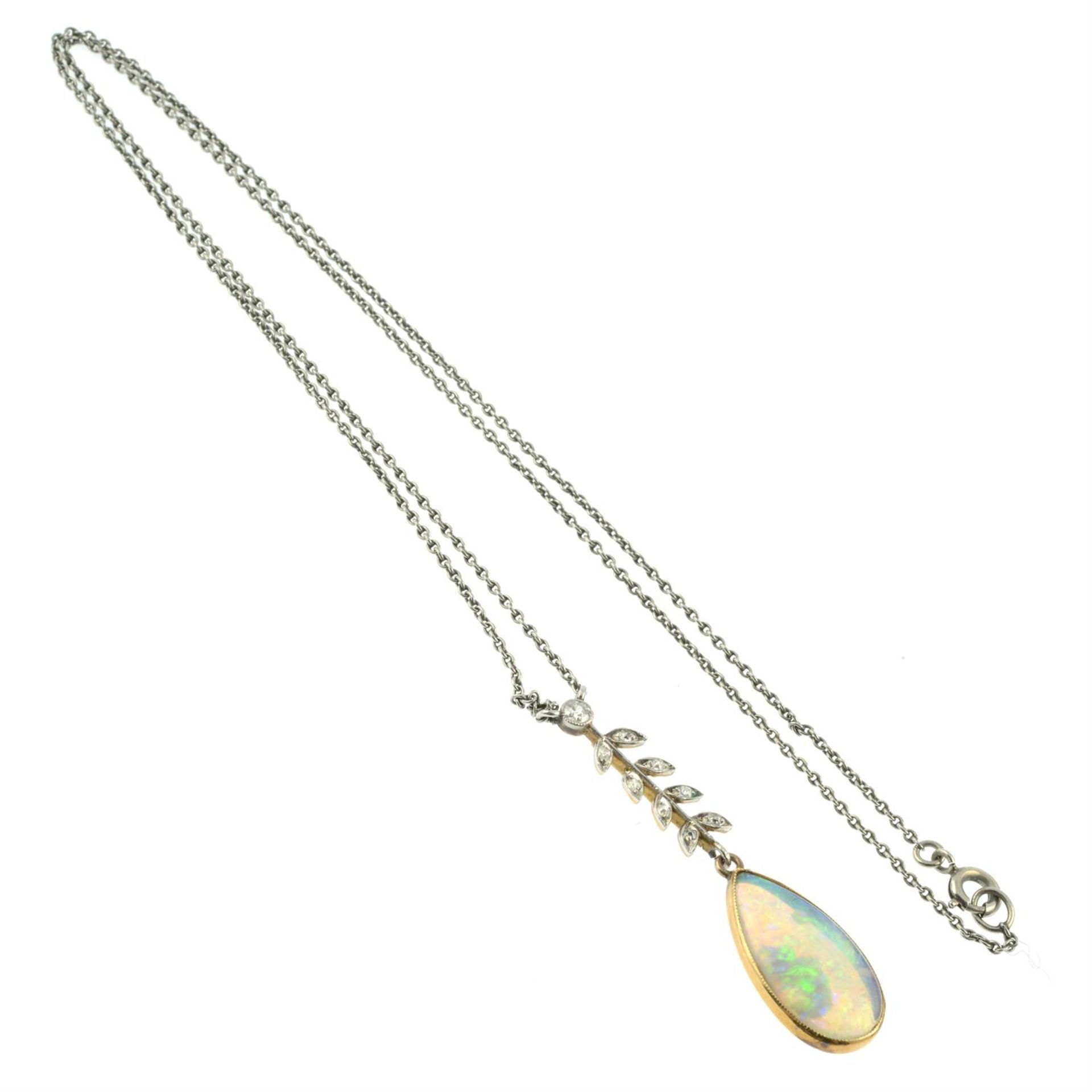 An early 20th century platinum and gold opal and old-cut diamond foliate pendant, - Bild 4 aus 5