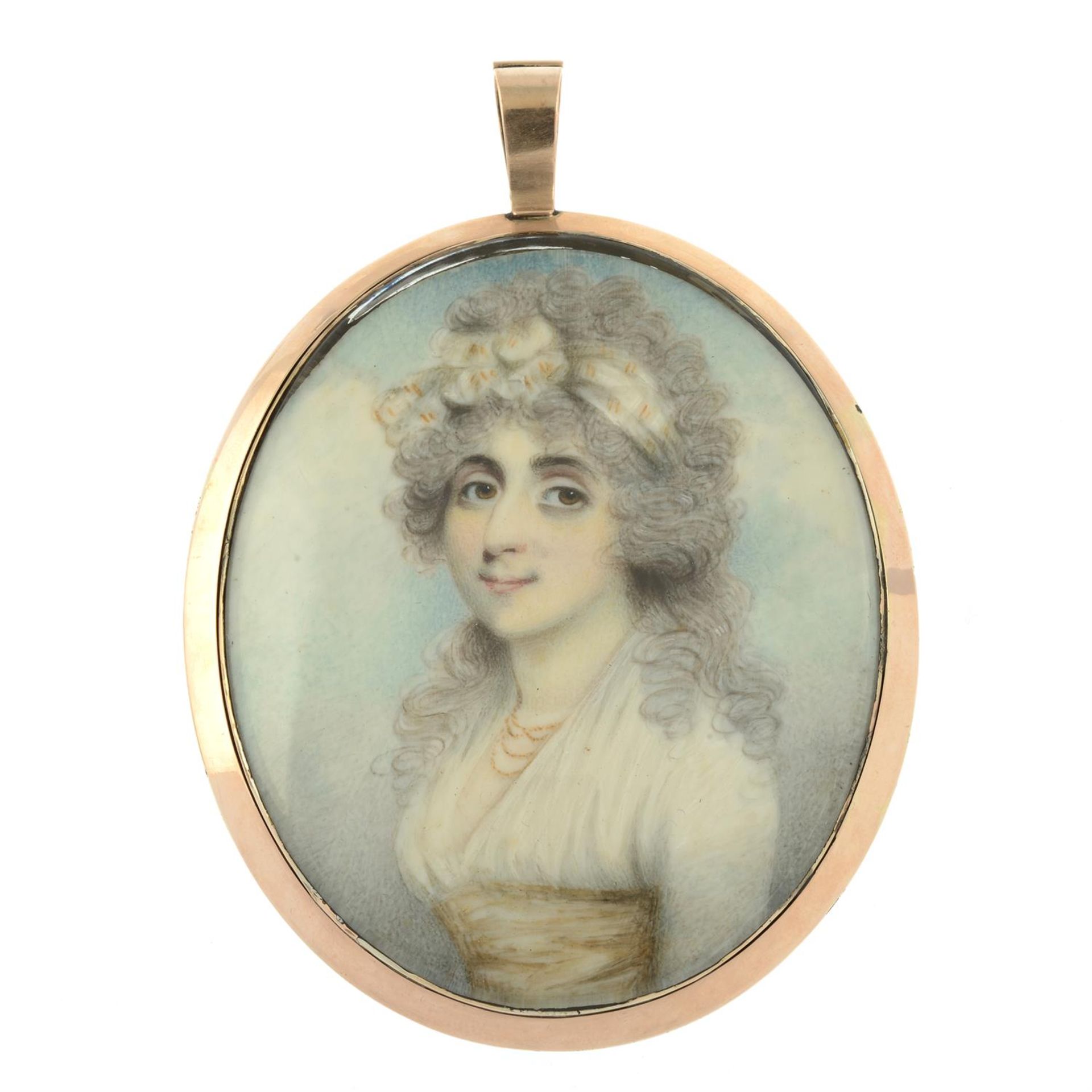 A Georgian gold mounted portrait miniature pendant, with seed pearl and hairwork reverse, - Bild 2 aus 3