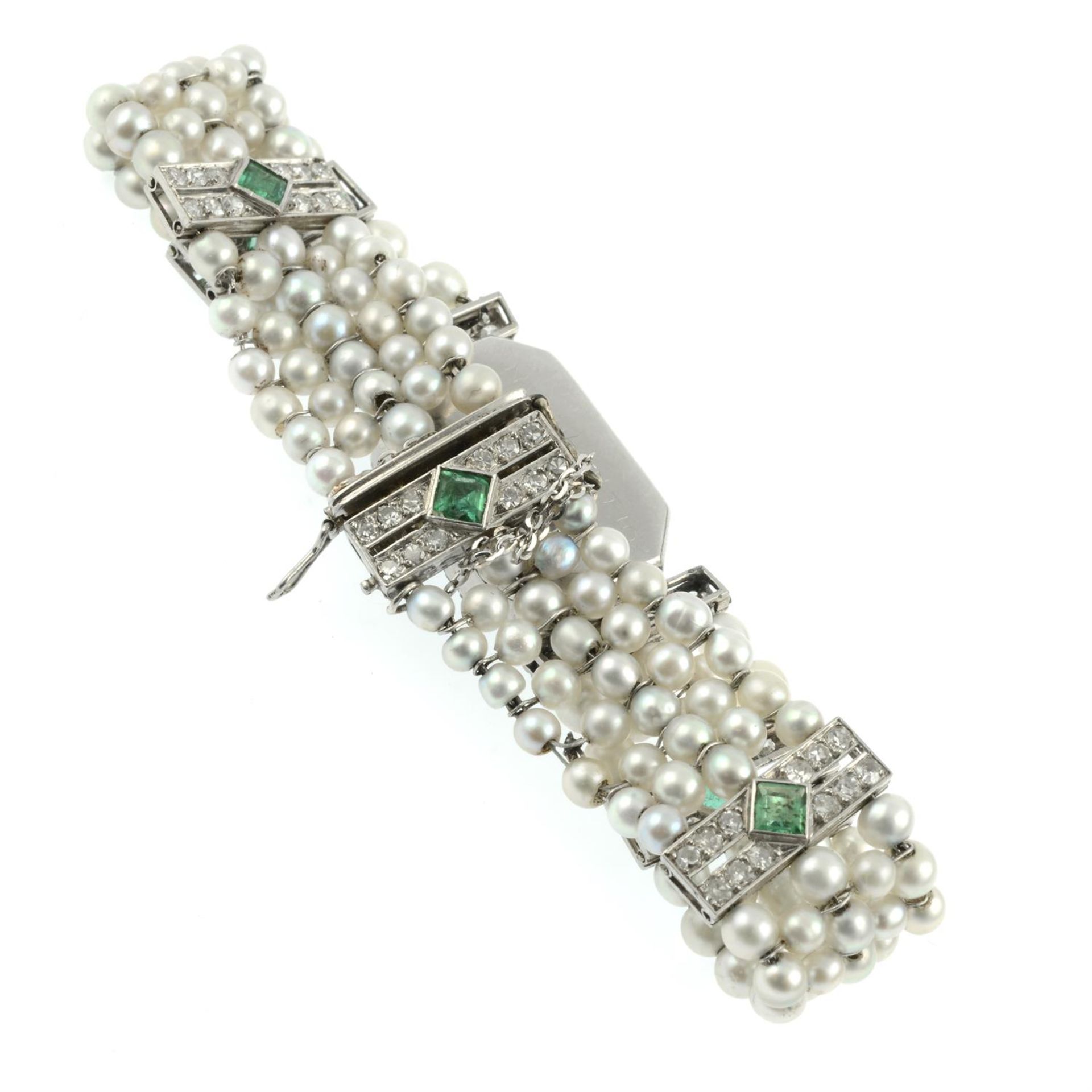 A lady's Art Deco platinum and 18ct gold vari-cut diamond, emerald and seed pearl wrist watch. - Image 4 of 5