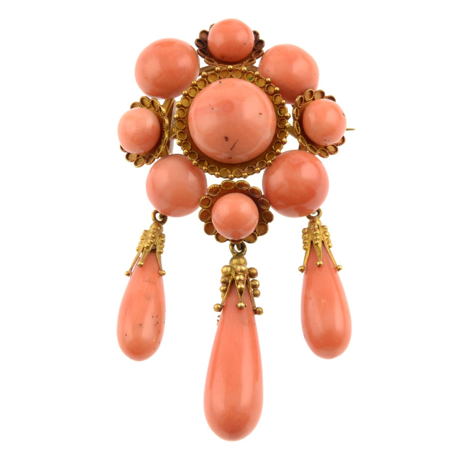 A mid to late 19th century gold coral brooch, with drop fringe, by Luigi Casalta. - Image 2 of 7