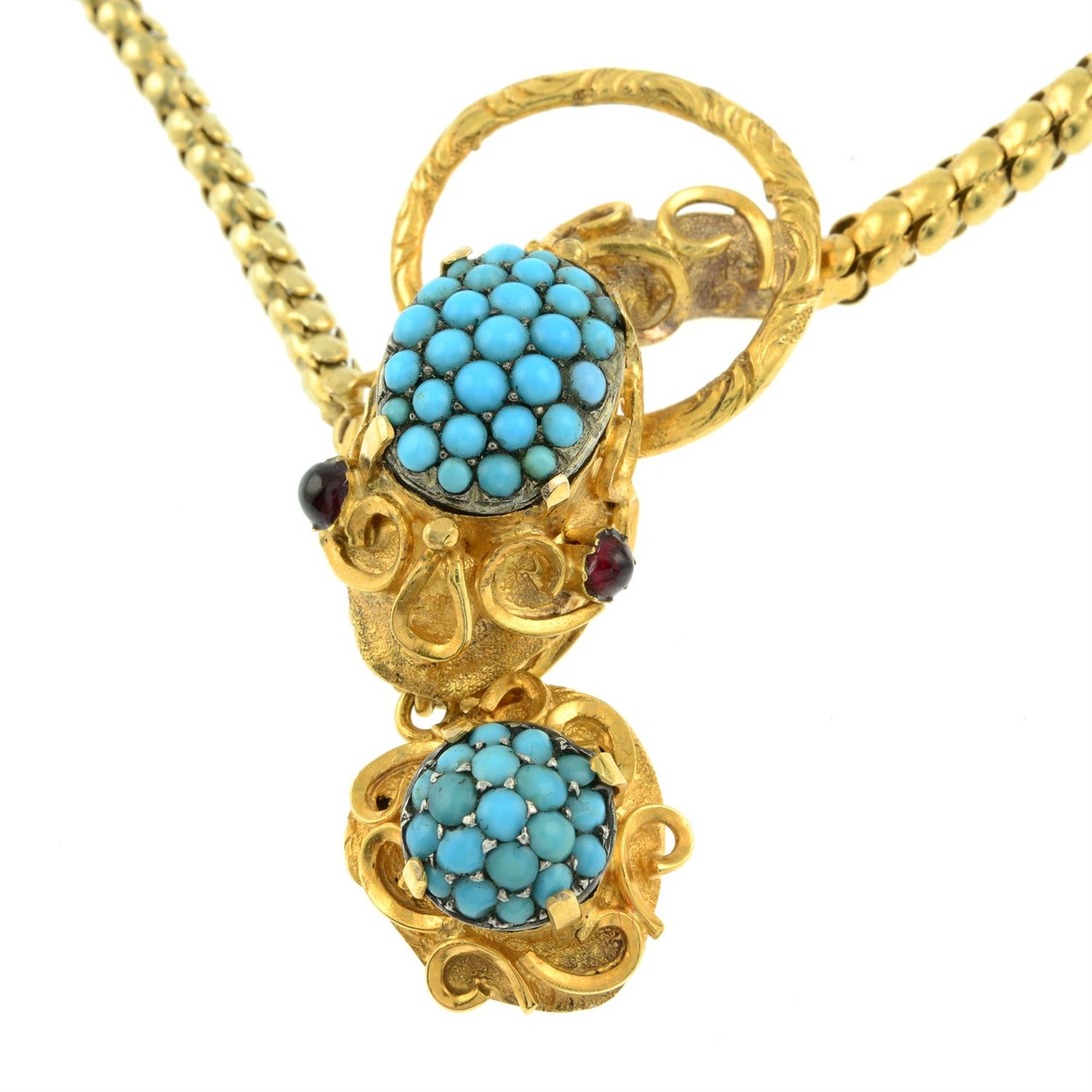 An early Victorian gold turquoise snake necklace, with similarly-designed heart locket drop and - Image 3 of 4