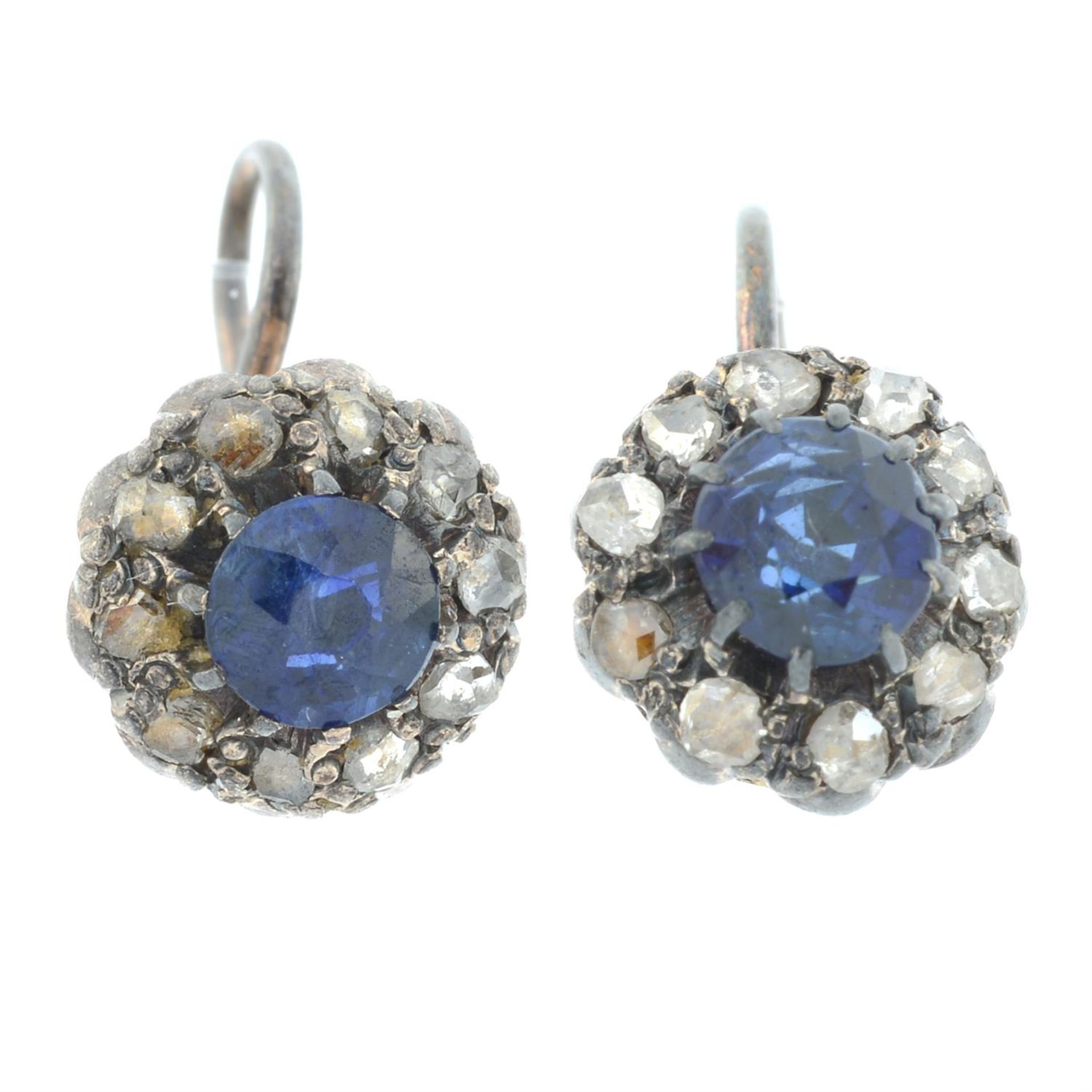 A pair of late Victorian silver and gold, sapphire and rose-cut diamond cluster earrings. - Image 2 of 4