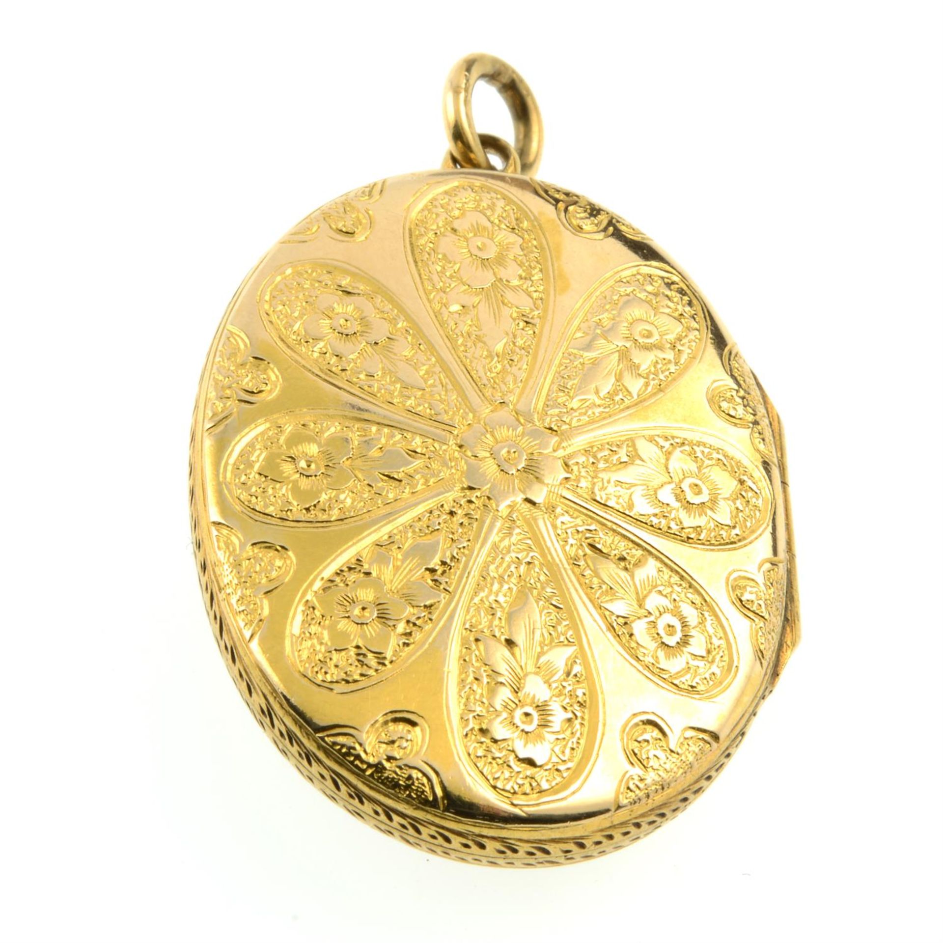 A late Victorian 18ct gold floral engraved locket, with split pearl and blue enamel star highlight. - Bild 3 aus 5