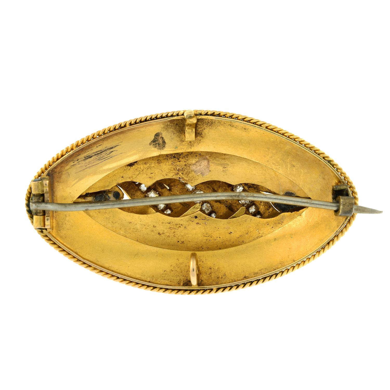 A mid to late 19th century engraved gold, old-cut diamond and blue enamel brooch. - Image 3 of 5