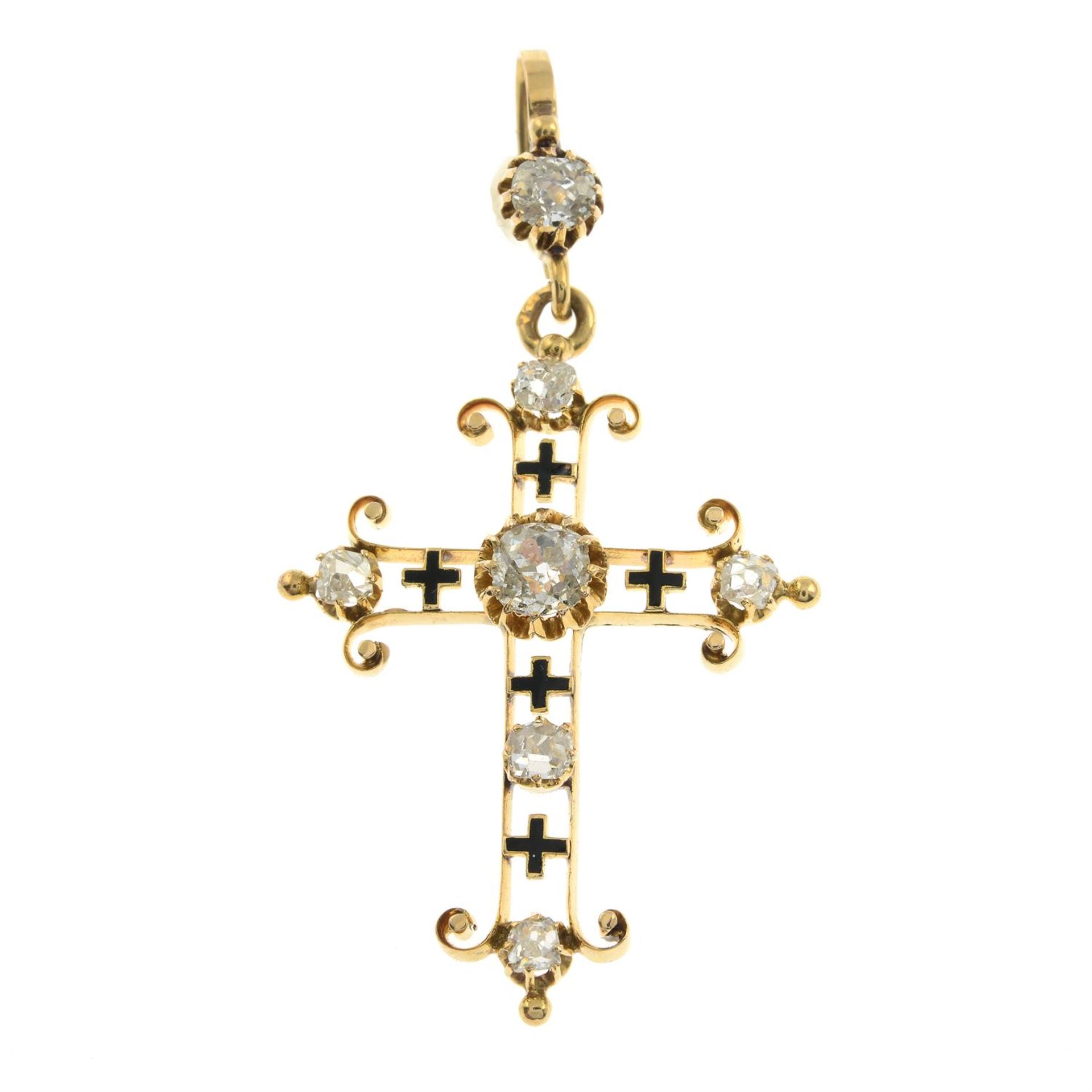 An early 20th century 18ct gold old-cut diamond and black enamel cross pendant. - Image 2 of 4
