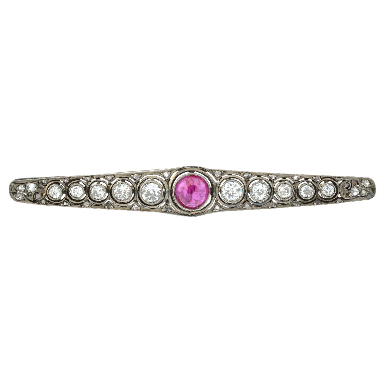 A mid 20th century silver and gold, ruby cabochon and circular-cut diamond brooch. - Image 2 of 4