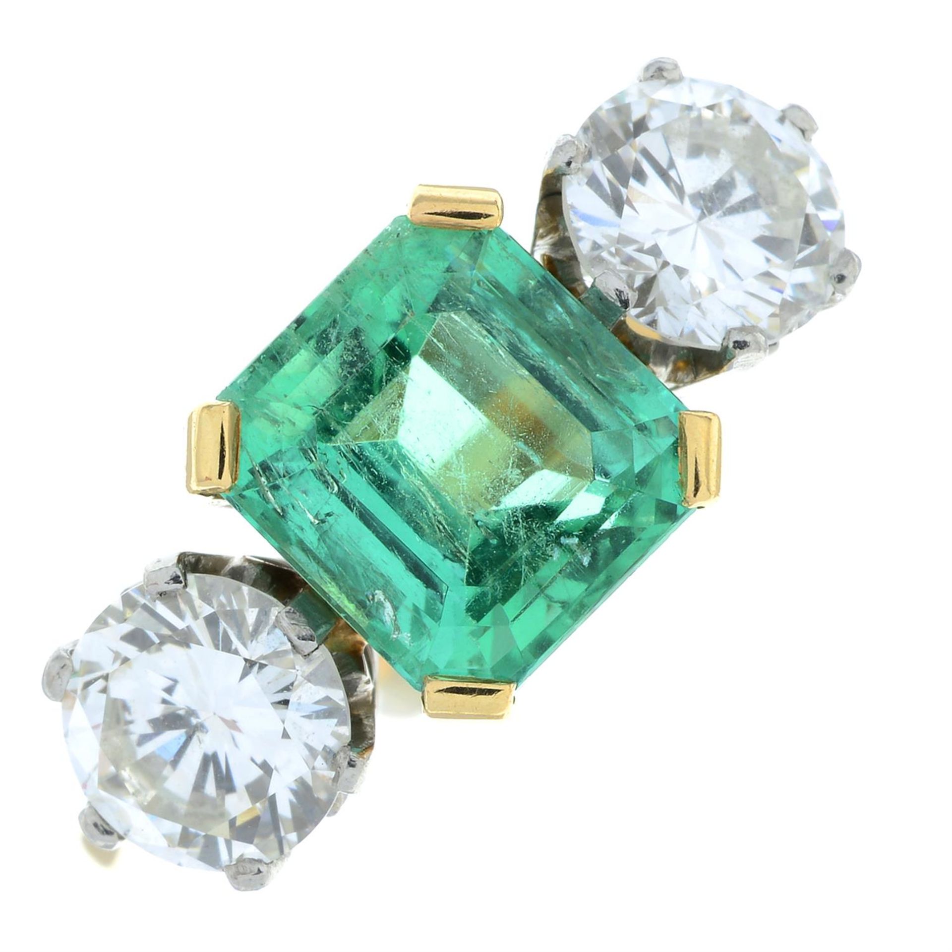 An 18ct gold emerald and brilliant-cut diamond three-stone ring. - Image 2 of 6