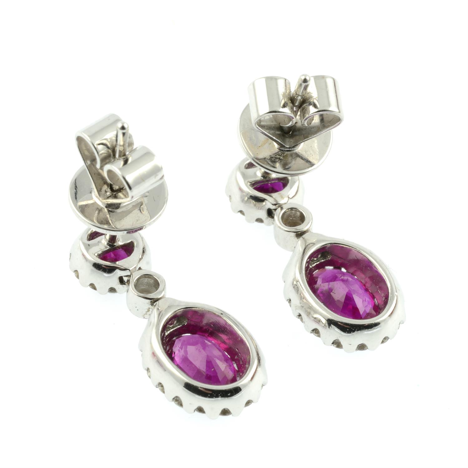 A pair of 18ct gold brilliant-cut diamond and ruby cluster drop earrings. - Image 3 of 3