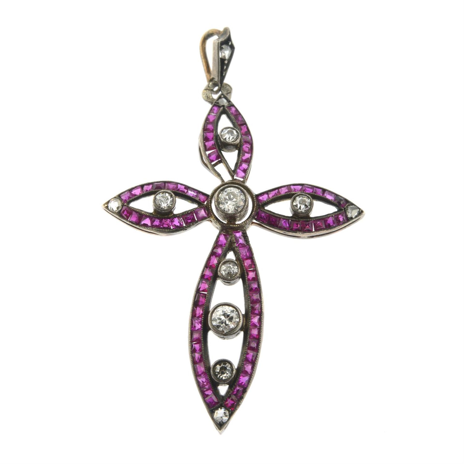 An early 20th century silver and gold synthetic ruby and diamond cross pendant. - Bild 2 aus 4