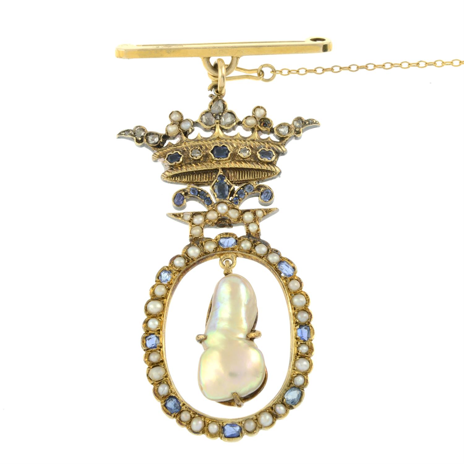 A composite early 20th century gold brooch, the central blister pearl, suspended within a split - Image 2 of 4