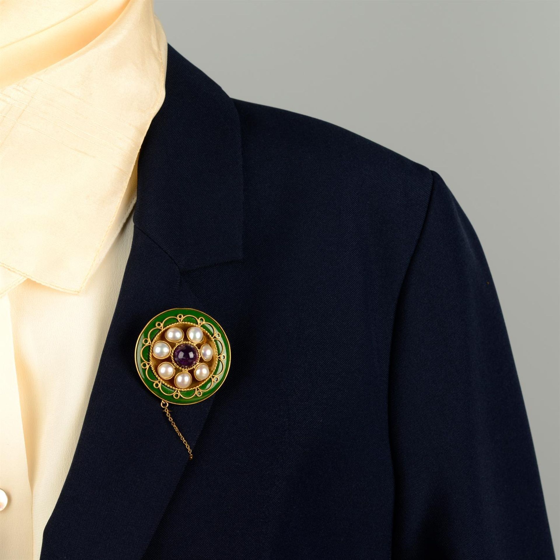 An early 20th century gold, amethyst, split pearl and green glass brooch, with Suffragette colours. - Image 4 of 4