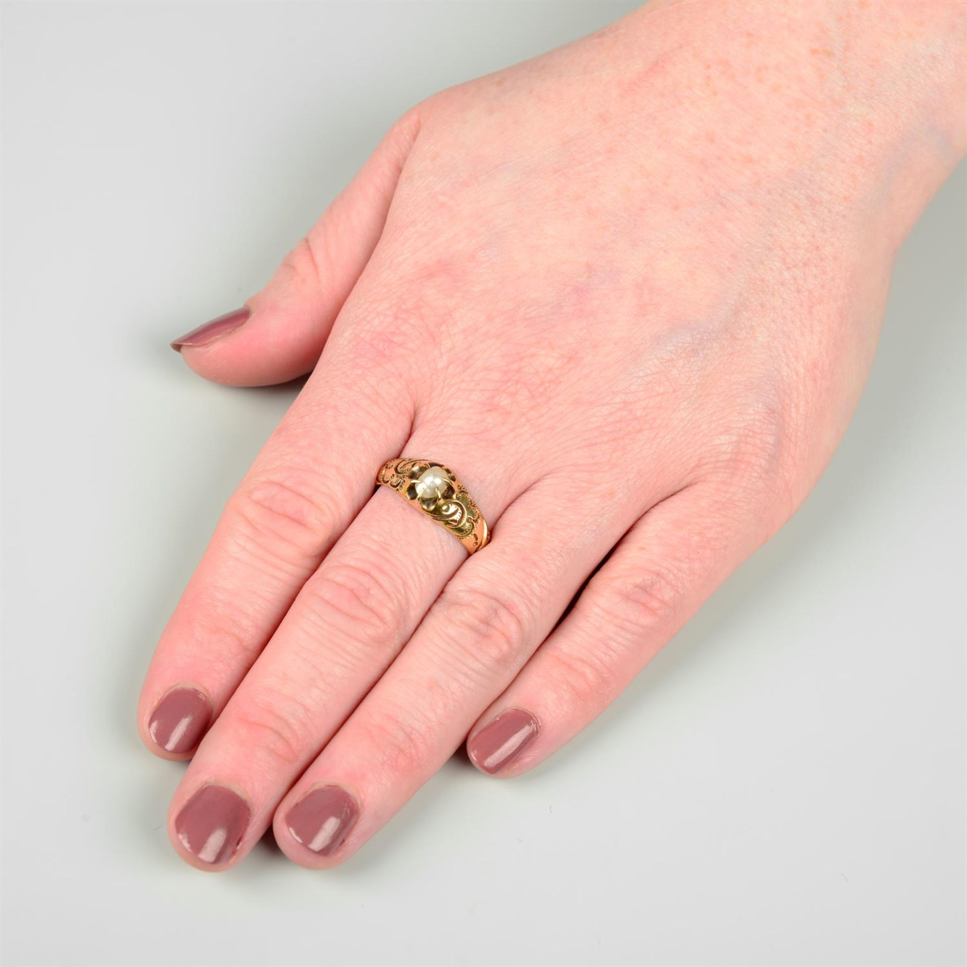A 19th century gold pearl ring, with foliate engraved shoulders and grooved half-band. - Image 5 of 5